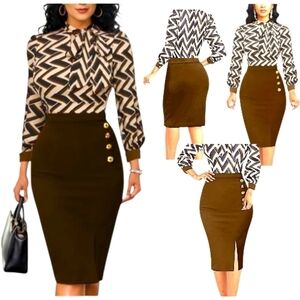 KNOLT - XX-L Classy Casual Striped Print Work Dress (A Brown)